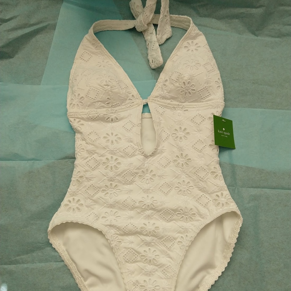 Kate Spade Embroidered Halter Plunge Swimsuit. - Picture 4 of 7